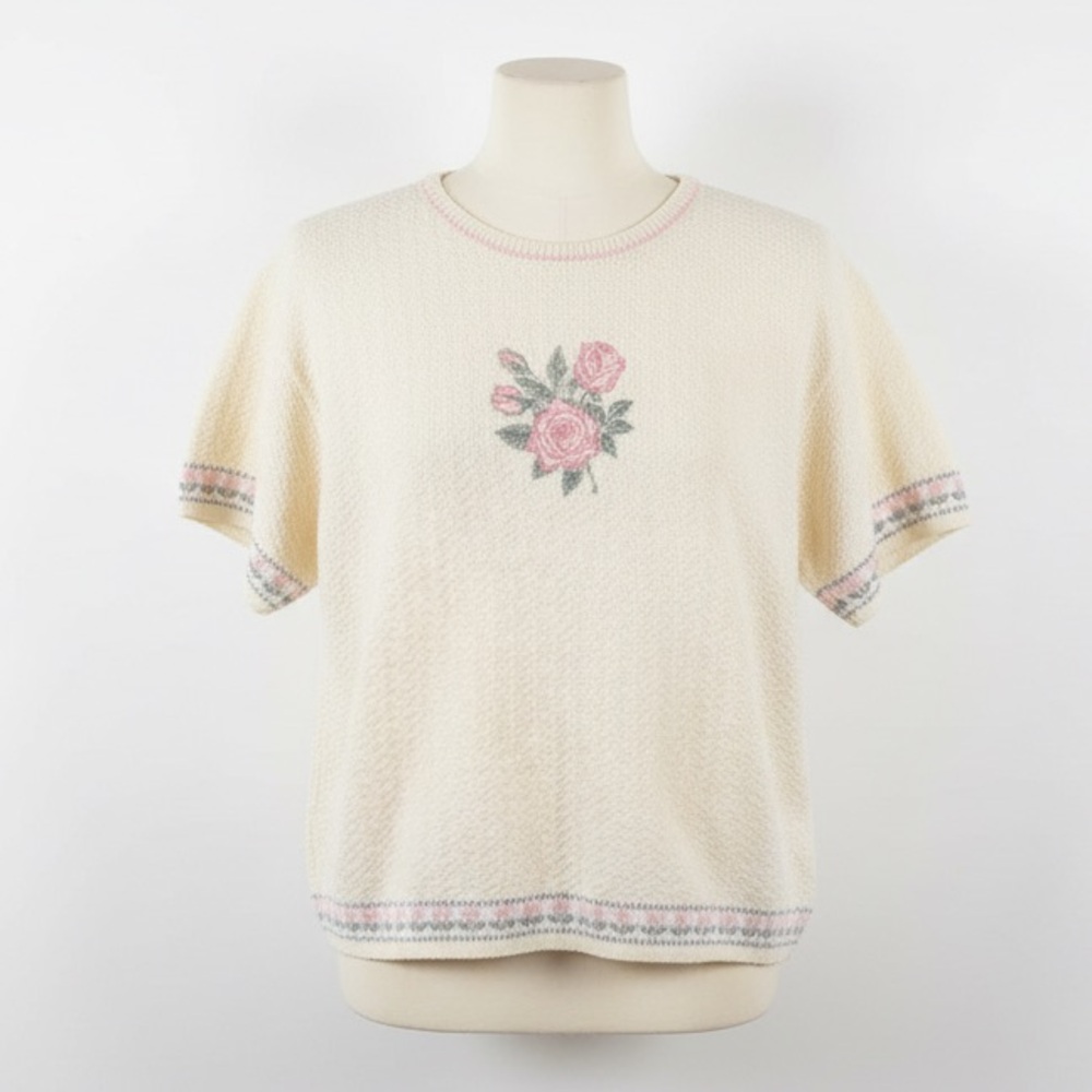 Vintage Winona Knit Short Sleeve Sweater Embroidered Rose Floral Hem Size M